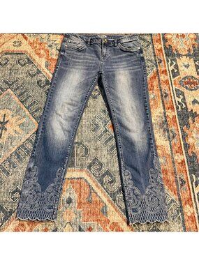 Kensie Womens 28 Blue Denim Embroidered Ankle Biter Cottage Boho Lace Floral